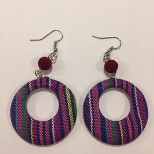 Boho Purple Stripped Fabric Medium Hoop Earrings